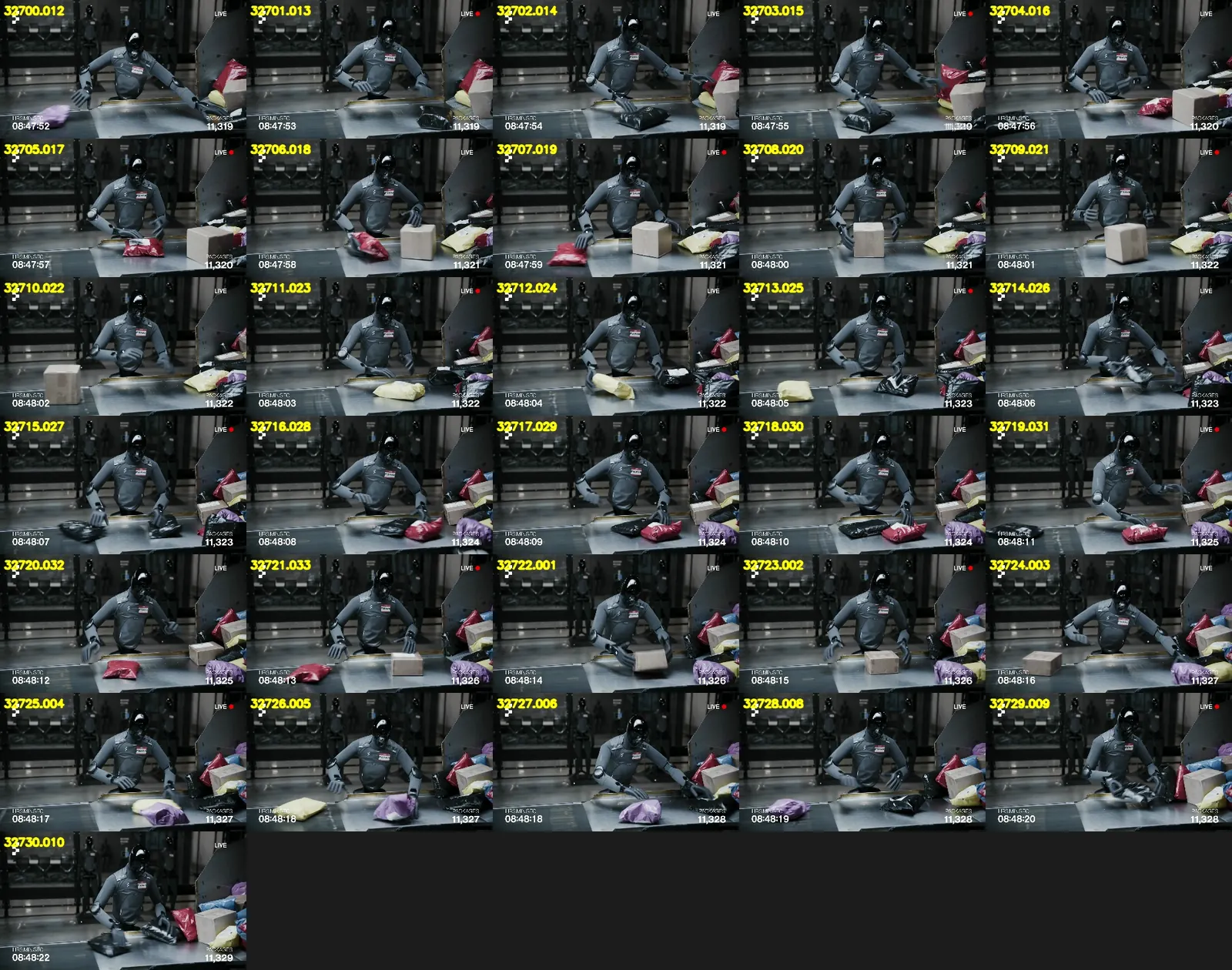 Contact sheet from a busy sampled robot package handling burst